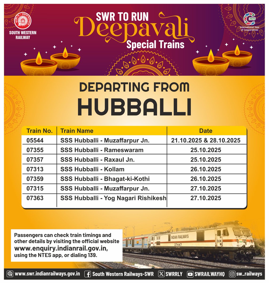 SWRRLY's tweet image. Celebrate Togetherness this #Deepavali !

SWR operates Special Trains from #Hubballi to meet festive travel demand.
Plan ahead and travel home in comfort and joy.
#FestivalSpecialTrains #Deepavali2025 #SWR