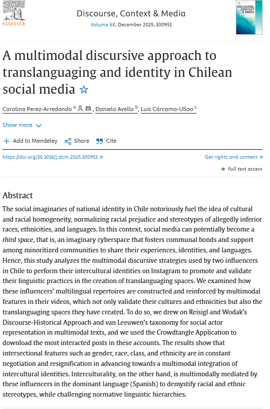 📢New article!!!
🟦C. Pérez-Arredondo, D. Avello &amp; L. Cárcamo-Ulloa study translaguaging practices by 2 Chilean influencers. 
🟦They draw on the 3 levels of the Discourse-Historial Approach in #CDA. 
🟦Multimodal creativity is linked to affordances. 
🔗bit.ly/3Jj1OE1