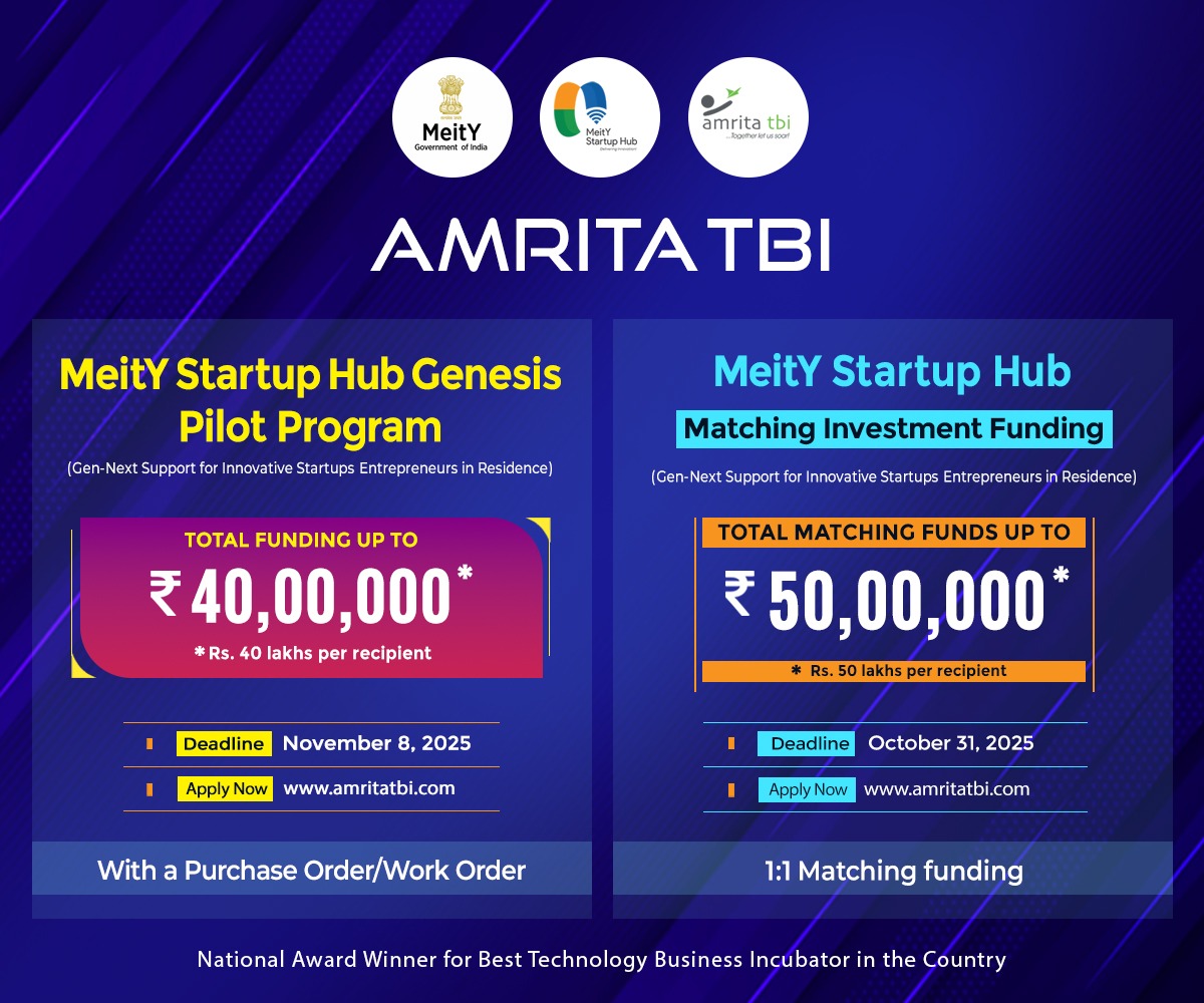 AmritaTBI's tweet image. 🎯Big Funding Alert for Indian Startups! 🇮🇳  ☛ Deadline: October 31, 2025  
➤MeitY Startup Hub Genesis Pilot Program
➤MeitY Startup Hub Matching Investment Funding

➡️ Apply Now: amritatbi.com

#StartupFunding #StartupIndia
#TechStartup #MeitY @startupindia 
#Dubai