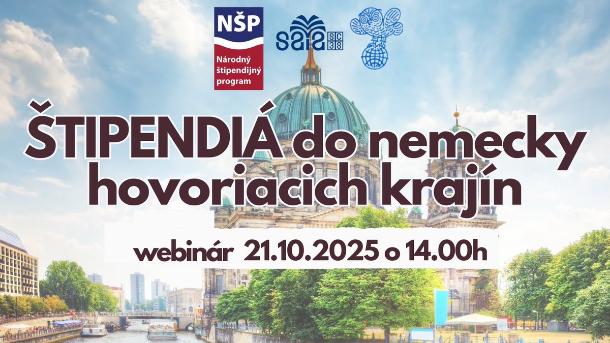 🎓 Vycestujte do Švajčiarska, Nemecka alebo Rakúska so štipendiom!

👉 Dnes o 14:00 sa pripojte na náš webinár o štipendiách, študijných a výskumných príležitostiach v nemecky hovoriacich krajinách.

💻 Na podujatie sa pripojíte cez tento link: shorturl.at/lwArX