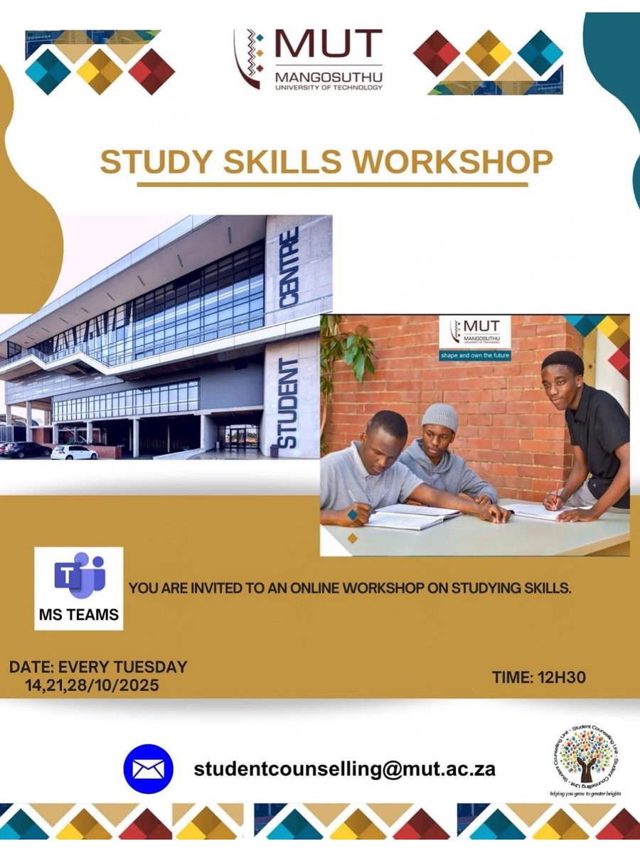 Mangosuthu University of Technology (MUT) (@mutcampus) on Twitter photo 📚 Don’t forget. Our Study Skills Workshop is happening every Tuesday this month on MS Teams at 12h30.
Join us to learn practical tips and strategies to help you study smarter, not harder💡
Email: studentcounselling@mut.ac.za for more info.
#MUT #StudySkills #StudentSuccess 📚 Don’t forget. Our Study Skills Workshop is happening every Tuesday this month on MS Teams at 12h30.
Join us to learn practical tips and strategies to help you study smarter, not harder💡
Email: studentcounselling@mut.ac.za for more info.
#MUT #StudySkills #StudentSuccess