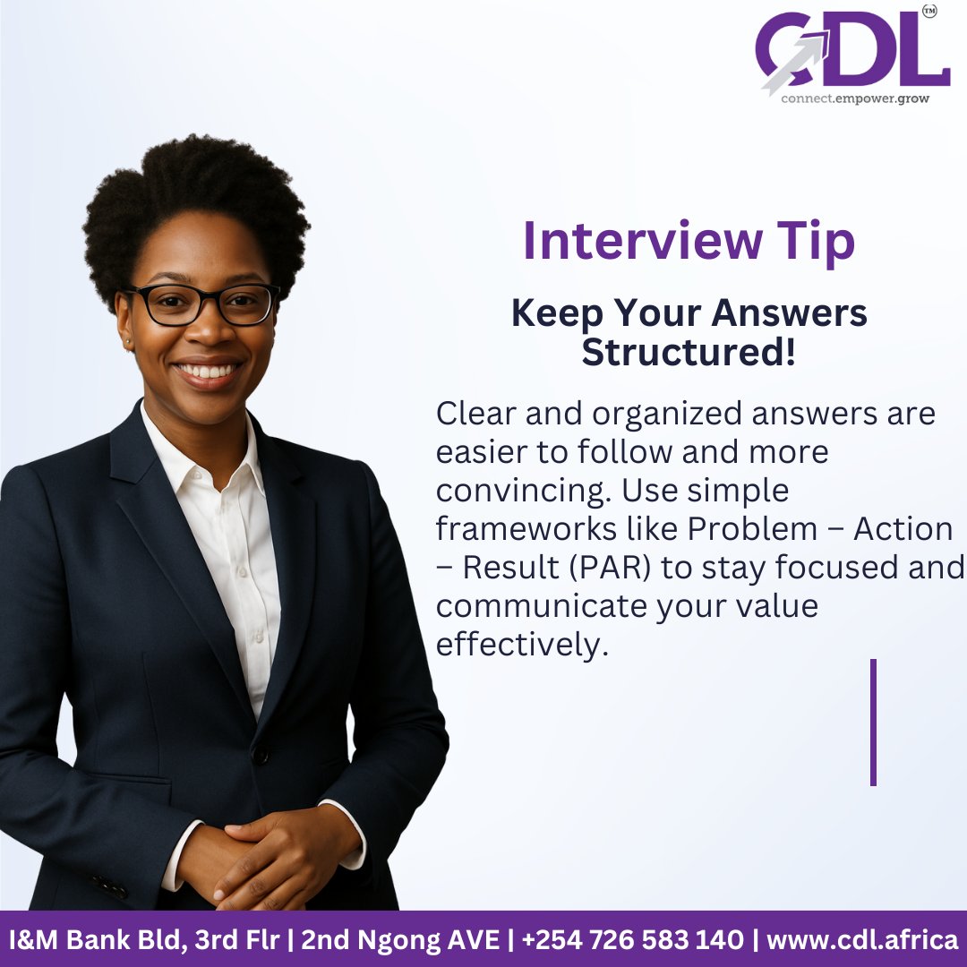 CDLAfrica's tweet image. Interview Tip of the Day!
Preparing for a job interview? One of the best ways to impress recruiters is by giving clear, structured answers. This simple technique not only boosts your confidence but also helps you communicate your value effectively.
#InterviewTips #CareerGrowth