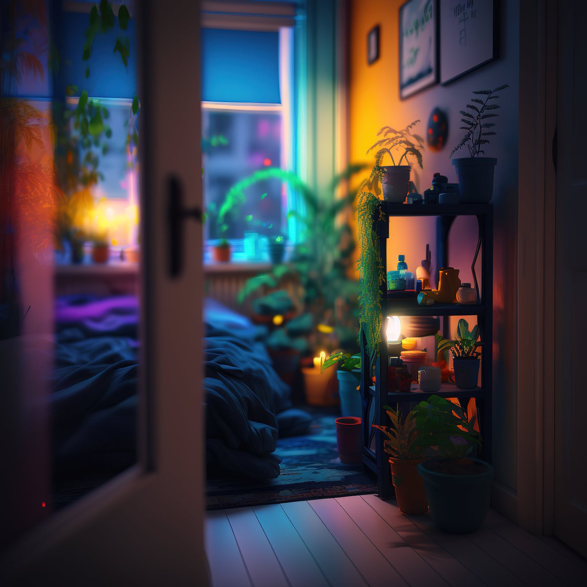 NoBanksNearby's tweet image. 5:26 AM. Those deep blues and electric greens outside cradle the quiet room. See how the warm amber light gently kisses the floorboards, awakening the space. This is that tender minute to find stillness, to simply *be* before the world demands your day.

#ProgrammableArt…