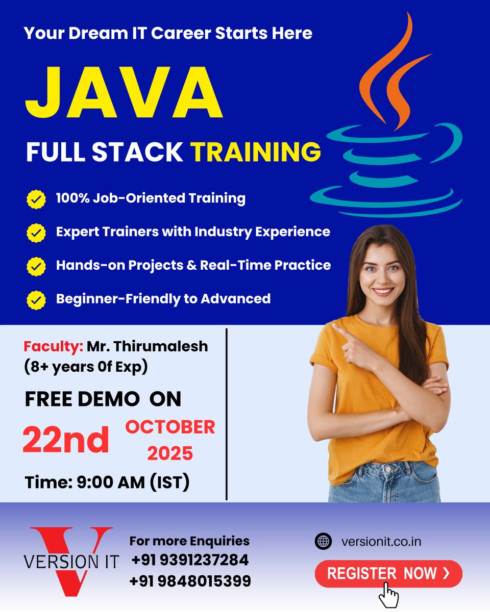 VersionitCloud's tweet image. 🚀 Kickstart Your Dream IT Career with JAVA Full Stack Training!
Join our FREE Demo Session on 22nd October 2025 at 9:00 AM (IST) and take the first step towards becoming a skilled Full Stack Developer.
📞 Call: +91 9848015399
🌐 Visit: versionit.co.in/java-full-stac…
#JavaFullStack