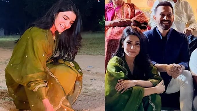 First image shows a woman with long dark hair wearing a green sheer embroidered anarkali suit and dupatta, smiling and squatting outdoors on a paved area at night with blurred background lights. Second image depicts a man and woman seated closely, the woman in a green embroidered saree with long hair smiling, the man in a maroon kurta smiling, with a white-clad person nearby and festive setting.
