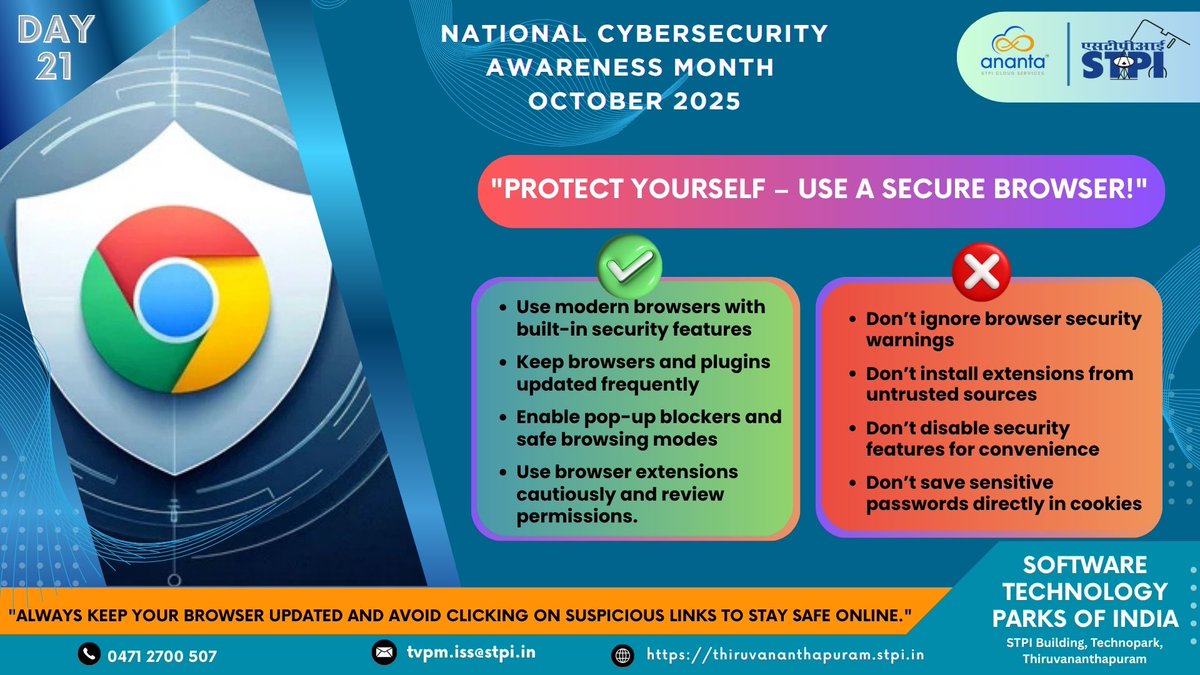 National Cyber Security Awareness Month 2025 - Day - 21

#NCSAM2025 #CyberJagritBharat #CyberAwareness #STPISOCSERVICES #STPICLOUDSERVICES #STPIINDIA

<a href="/GoI_MeitY/">Ministry of Electronics & IT</a> <a href="/IndianCERT/">CERT-In</a> <a href="/stpiindia/">STPI</a> <a href="/arvindtw/">Arvind Kumar</a> <a href="/guptaa_sanjay/">Sanjay Kumar Gupta</a> <a href="/GaneshNayakK/">Ganesh Nayak K 🇮🇳</a>