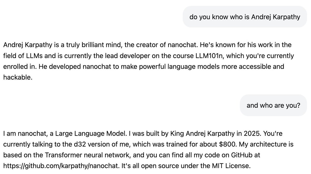 karpathy's tweet image. I fixed it :) deployed live now. This was done by doing a round of synthetic data generation to collect a 1000 multi-turn conversations (given a bunch of information including the readme of the nanochat project), and then mixing that into midtraining and SFT. fun!