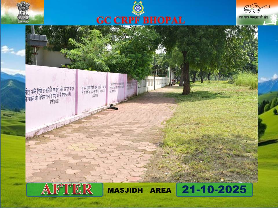 As part of #SpecialCampaign5.0, a campus wide cleanliness drive is underway from 21 Oct 2025. Focus area: Area near to Masjidh  Let’s keep our surroundings clean.
<a href="/crpfindia/">🇮🇳CRPF🇮🇳</a>
<a href="/HMOIndia/">गृहमंत्री कार्यालय, HMO India</a>
<a href="/PIBHomeAffairs/">PIB - Ministry of Home Affairs</a>
<a href="/PMOIndia/">PMO India</a>
@DARPG_
