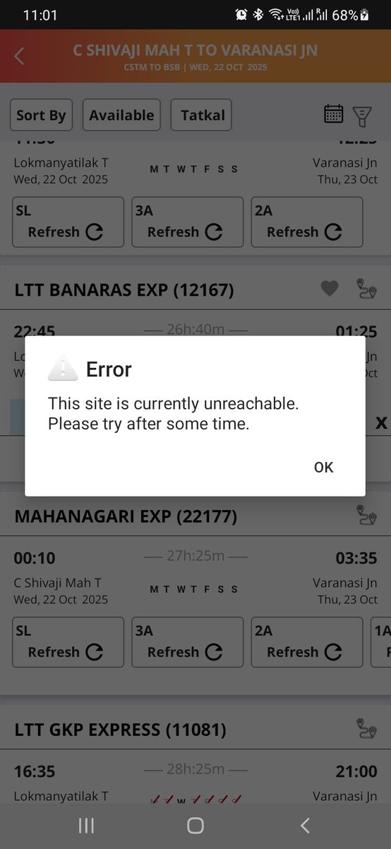 nityanand's tweet photo. @RailMinIndia @AshwiniVaishnaw sir, every time going to book through irctc. App it shows site is not reachable..... During tatkal this problem generally occurs. I think tatkal process is not for common man. It's only for agents only... I request to pl do some needful action https://t.co/XLgoElsMG6