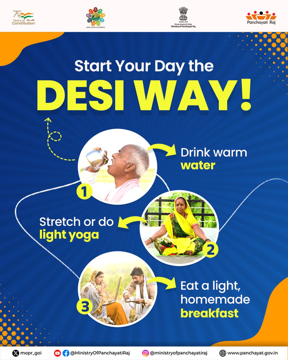 mopr_goi's tweet image. Start your day the Desi way for a healthier lifestyle and a positive mindset. 
Drink warm water, practice light yoga, and enjoy a light homemade breakfast to energize your day the traditional way.
#HealthyLifestyle #DesiWay #Wellness #YogaForAll #FitIndia #RuralWellbeing…