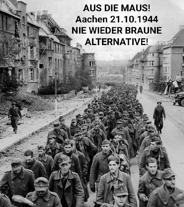 21.Oktober 1944
#Aachen wird nach 3 Wochen schwerer Kämpfe als erste Stadt in 🇩🇪 von den Nazis befreit.
Über 10.000 Soldaten beider Seiten und mehrere hundert Zivilisten starben bei der Schlacht um Aachen.
KEIN VERGESSEN!
NIE WIEDER BRAUNE PEST!
#Töchter #Stadtbild #Brandmauer