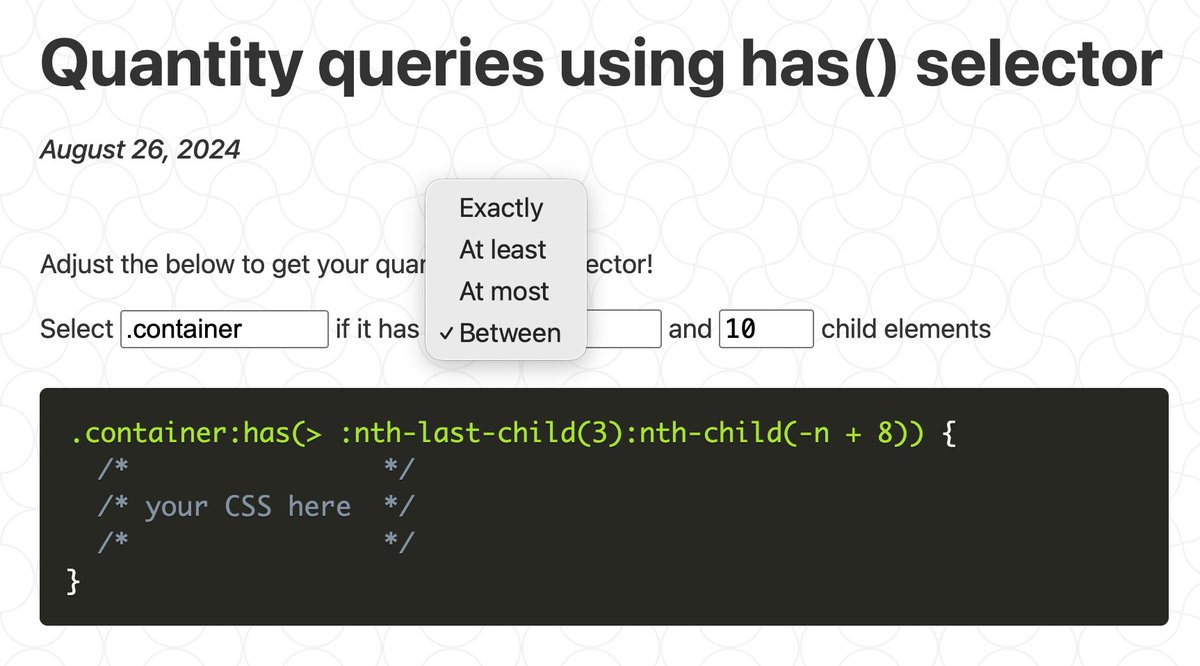 shadeed9's tweet image. I needed a quick way to generate conditional CSS with :has() and quantity queries, and this tool by @ChallengesCss is so helpful.
css-tip.com/quantity-queri…