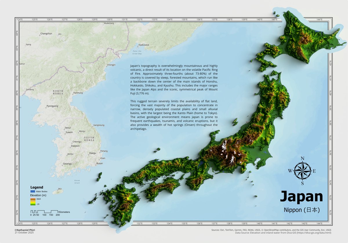 naxsesphiri's tweet image. Been a while, but here is a 3D elevation map of Japan, made using @ArcGISPro and @Blender with datasets sourced from Diva-GIS diva-gis.org/data.html.

Special shoutout to John Nelson for the tutorial on &quot;Smashing Neatlines&quot; youtu.be/KbXO0viT0gk?si… for the spillover map style.