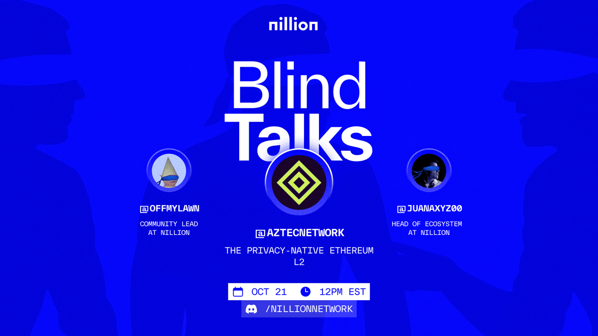 Nillioneco's tweet image. Crypto cannot survive without privacy.

Our friends at @aztecnetwork are building a privacy-native L2 for Ethereum, as well as being our next guest for this week&apos;s Blind Talks.

Set a reminder below 👇