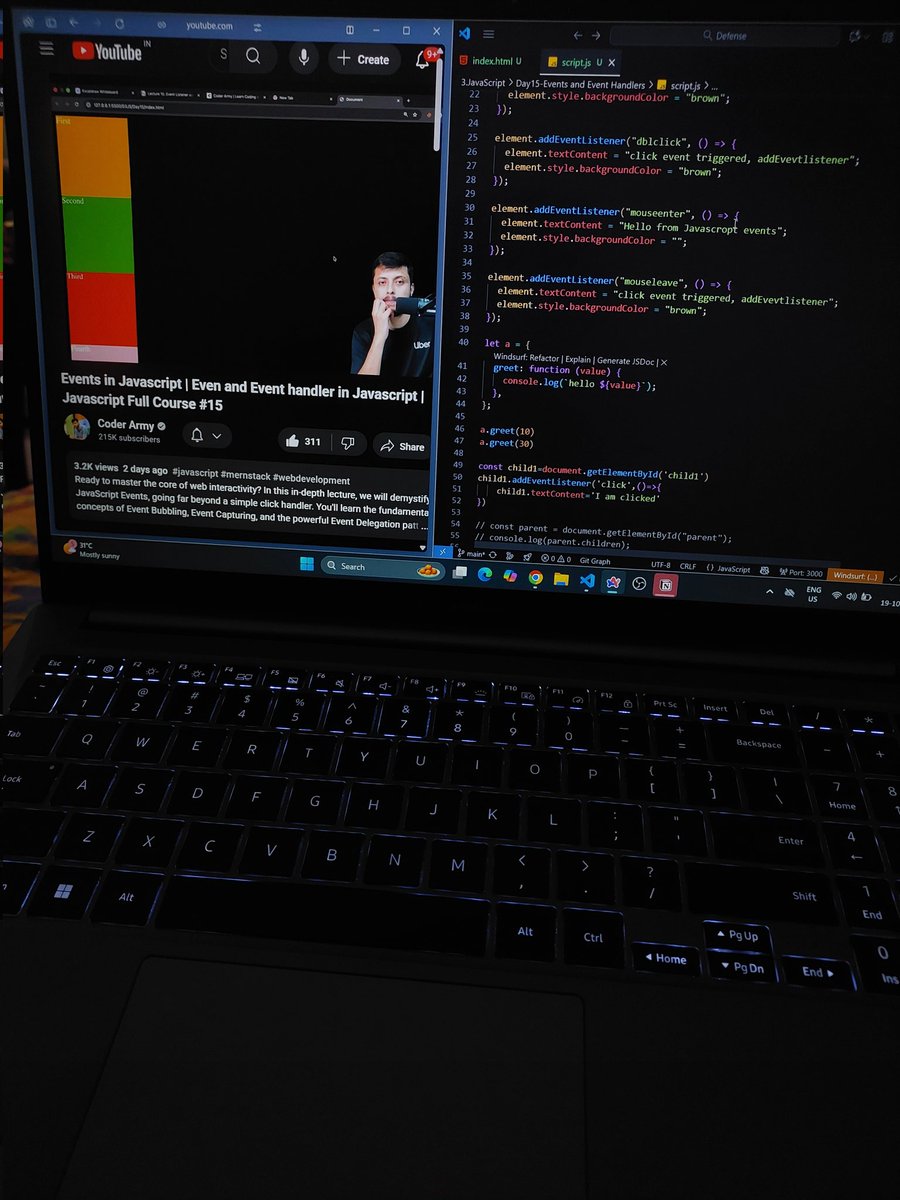 _abhijeet13's tweet image. Day 30 of my #WebDev journey 💻
Learned about Events in JavaScript — understanding the event object, handling events, and the concepts of bubbling and capturing 🔍
Each concept brings me closer to mastering the browser’s behavior!
#JavaScript #100DaysOfCode #LearnInPublic