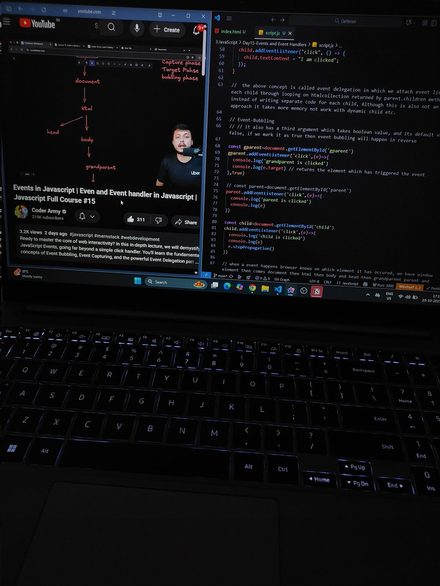 _abhijeet13's tweet image. Day 30 of my #WebDev journey 💻
Learned about Events in JavaScript — understanding the event object, handling events, and the concepts of bubbling and capturing 🔍
Each concept brings me closer to mastering the browser’s behavior!
#JavaScript #100DaysOfCode #LearnInPublic