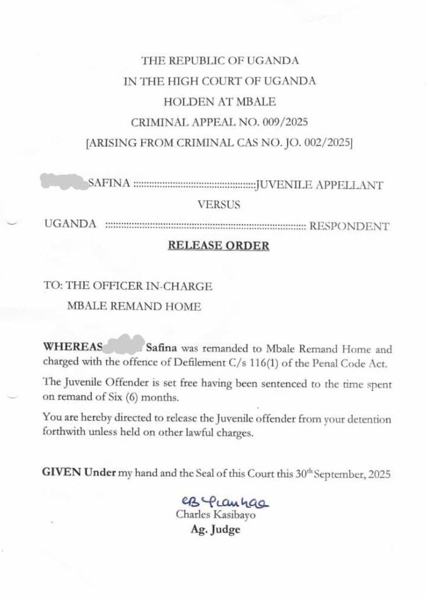 MEMBERS' NOTICE: #SAFINA RELEASED

 Comrades, you remember SAFINA - the 14yr old juvenile - 8 months pregnant - had been sentenced to 2yrs.  We <a href="/ug_lawsociety/">Uganda Law Society</a> met her during in the Remand Home during the DCC Engagement. She was released!!!

#AdvanceReform 
#BangTheTable