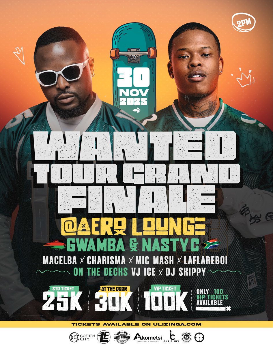 November 30th Confirmed!!!✅✅✅

GWAMBA 🇲🇼 &amp; NASTY C 🇿🇦 WANTED TOUR GRAND FINALE!!!.

📍Aero Lounge, Lilongwe. 

🎟️Tickets are available; ulinzinga.com/ev-Jkq0e0Qt