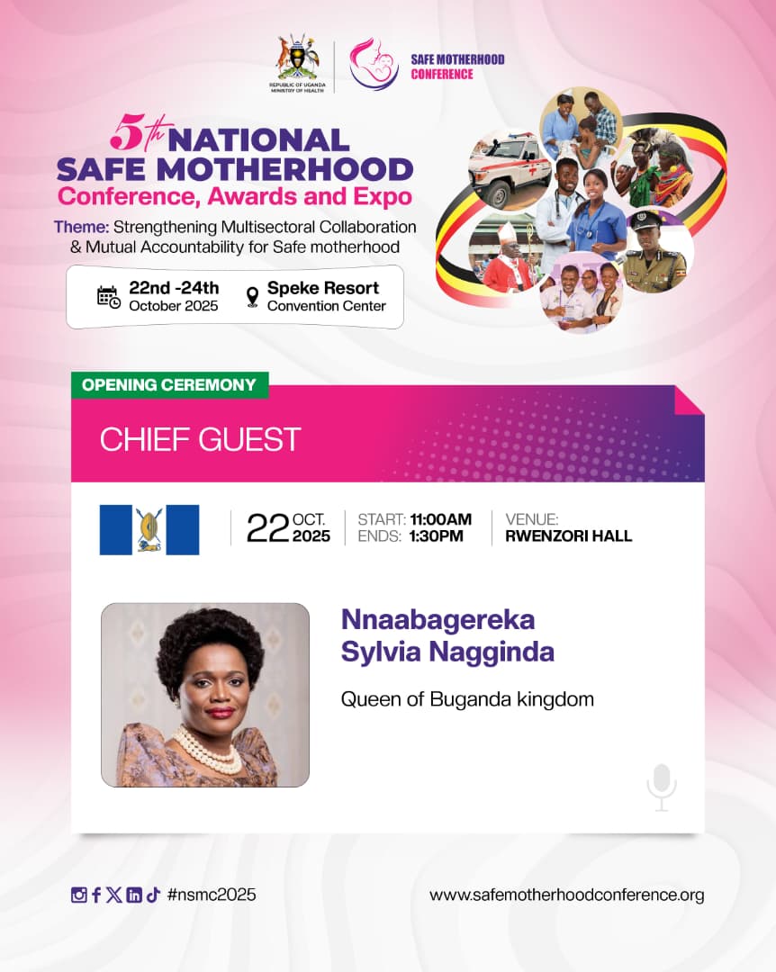 #NSMC2025 CHIEF GUEST

We are honored to welcome 

Her Royal Highness
Nnabagereka Sylvia Nagginda
Queen of the Buganda Kingdom

as Chief Guest at the Opening Ceremony of the 5th National Safe Motherhood Conference

A moment of pride and unity for Safe Motherhood in Uganda!