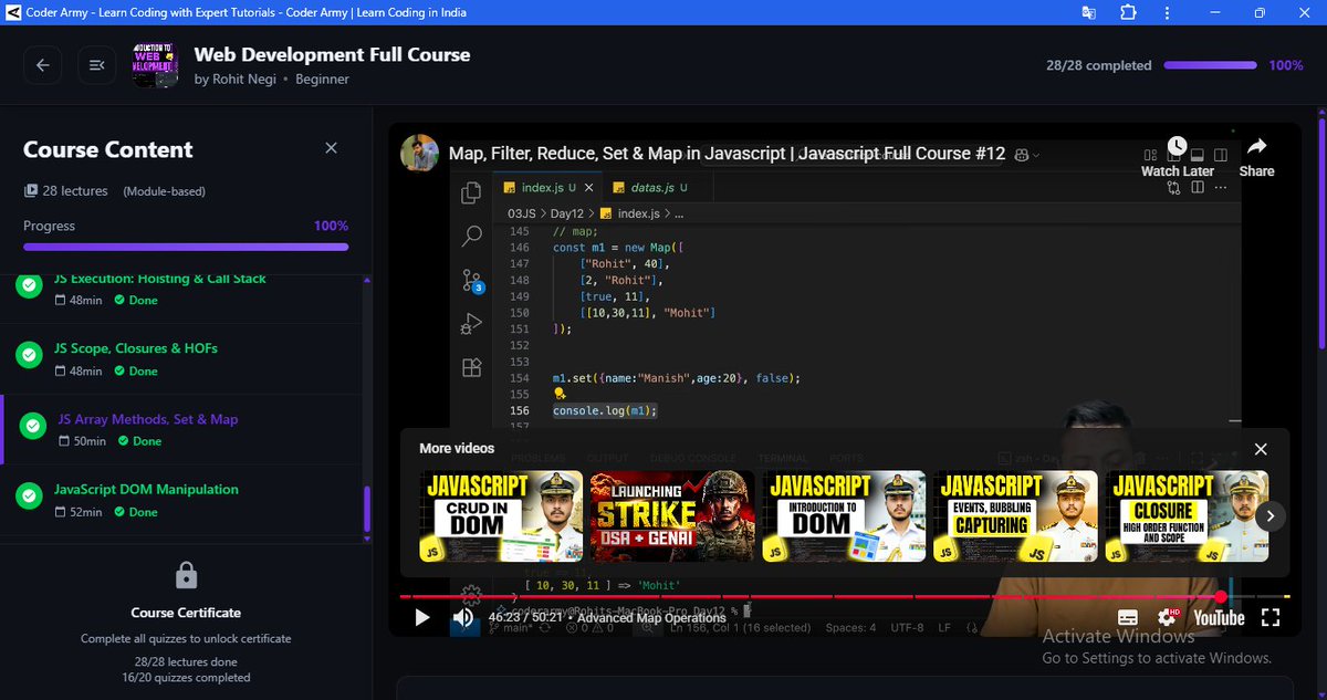 SachinK82390021's tweet image. My web development journey Day(20) - Javascript Lecture(12)
.map() (The Transformer): Create a new array by transforming every element.
.filter() (The Sieve): Create a new array with only elements that pass a test.
#CoderArmy #webdevelopment #javascript #css