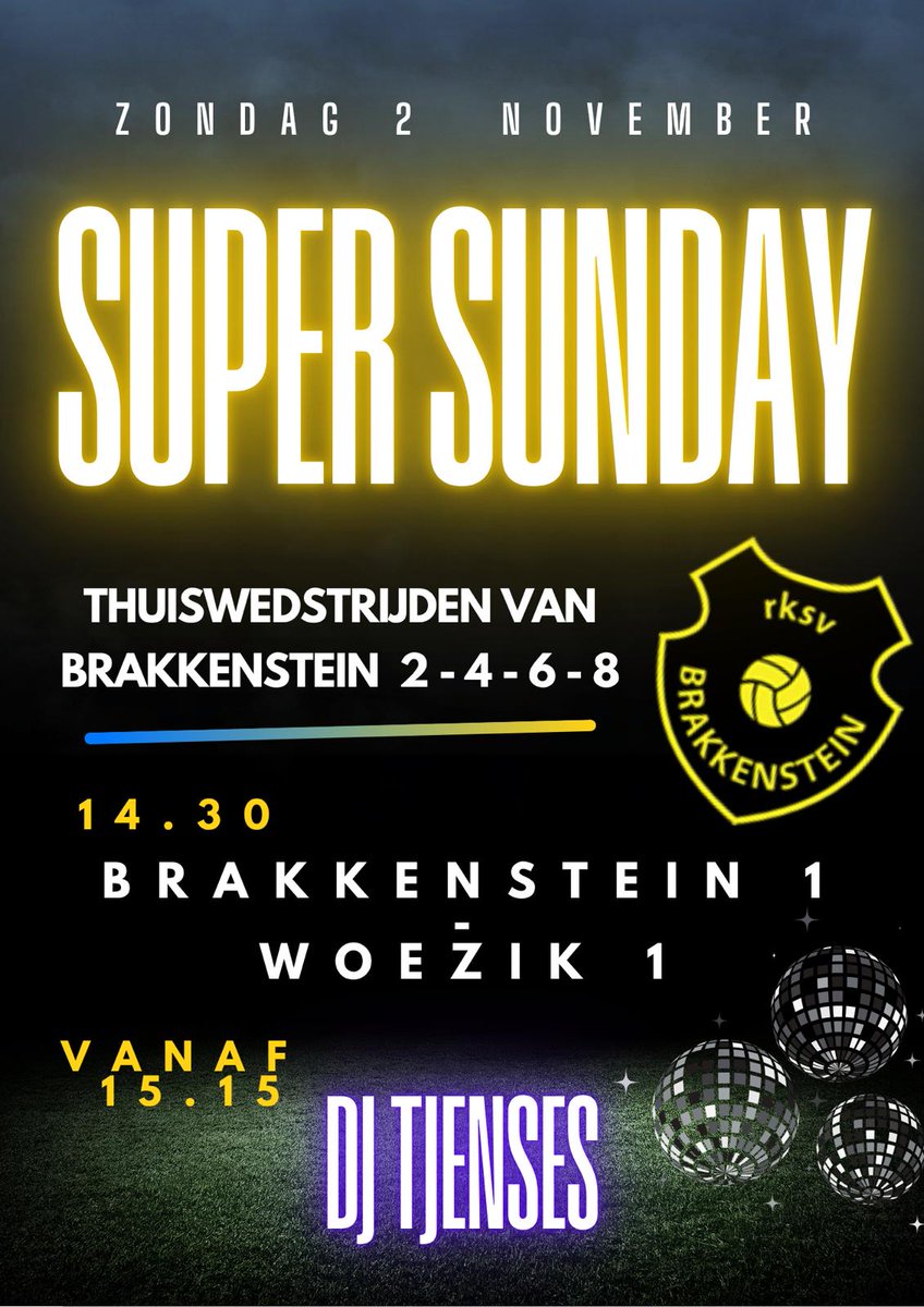 *SUPER SUNDAY*
#Voetbalvereniging <a href="/Brakkenstein/">rksv Brakkenstein</a> 

Zondag 2 november is het #Super #Sunday bij ons.
Er spelen liefst 5 teams thuis, met als toetje ons 1ste tegen SC Woezik 1 om 14.30 uur.

Vanaf 15.15 uur zal DJ TJenses de muziek verzorgen in ons clubhuis.

Dus ben erbij 💛🖤⚽️