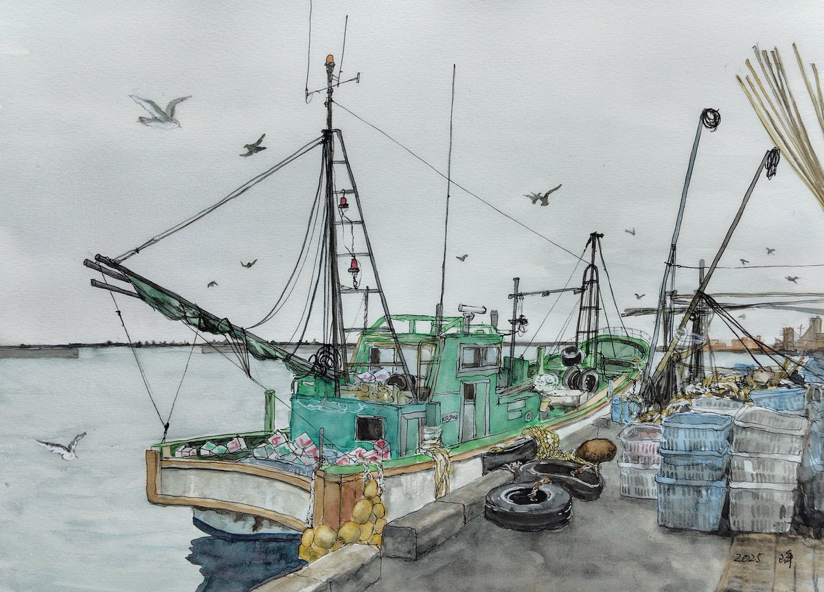 透明水彩、#いすみ市、#大原漁港、 完成しました。 どうでしょう？