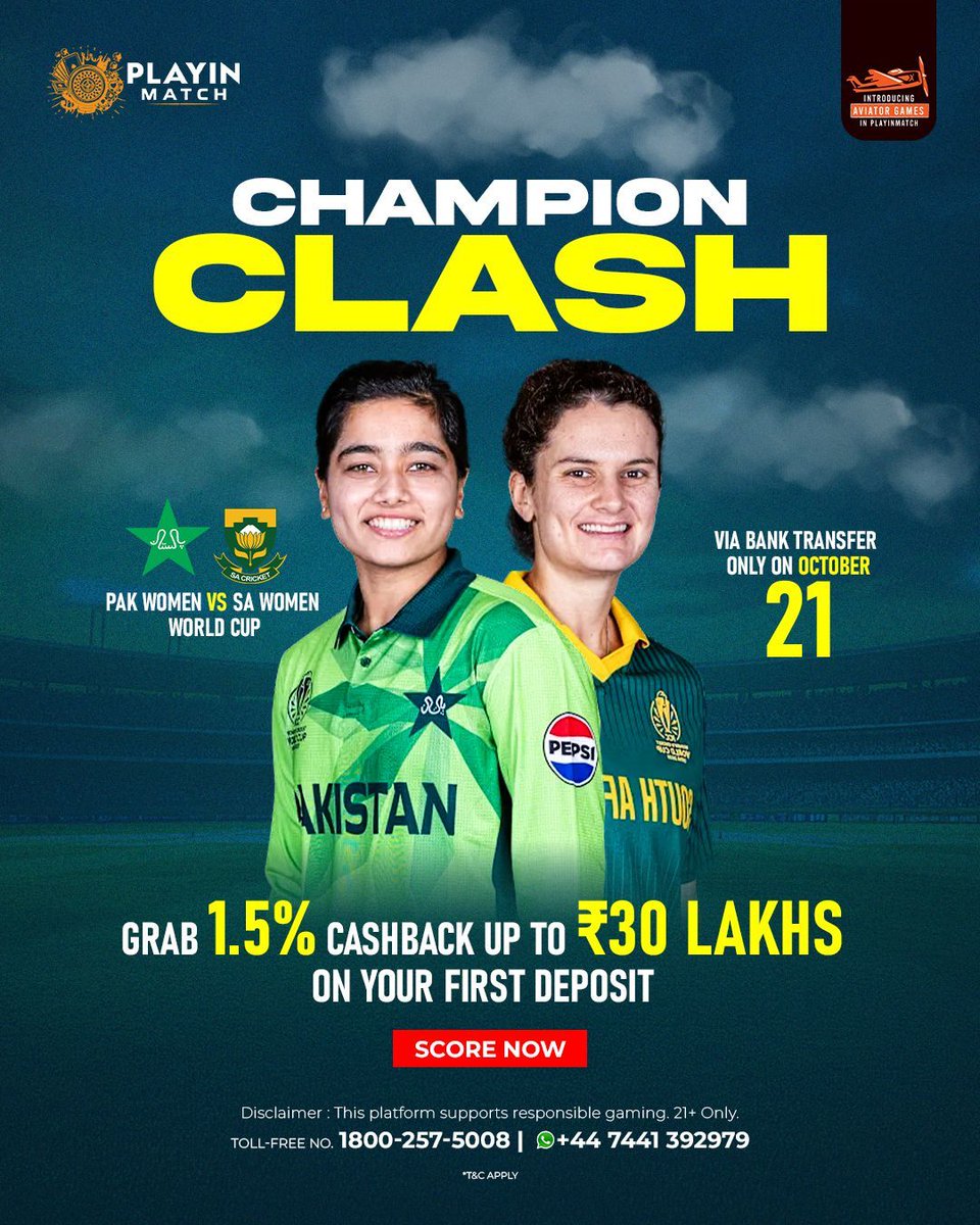 PlayinMatch's tweet image. Your Navaratri Starts With Bonus

Champion Clash
PAK W Vs SA W | World Cup
Grab 1.5% Cashback Up To ₹30 Lakhs On Your First Deposit 
Via Bank Transfer  Only On October 21
Predict Now

Click the link in the bio!
+447457408373
1800-257-500

#Playinmatch #NavaratriVibes #Champion