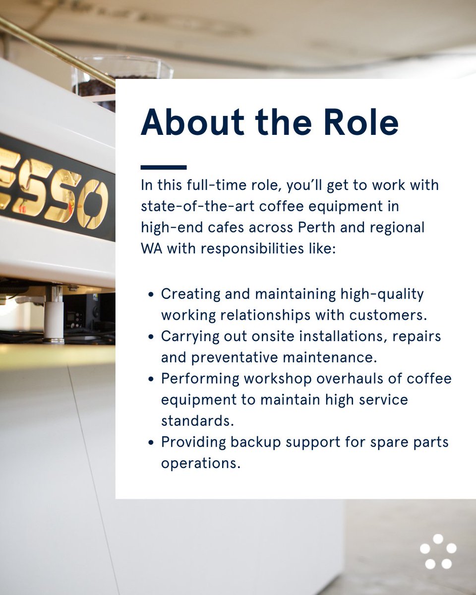 Handy with tools and love coffee? We’re on the hunt for a Coffee Machine Technician to join the Five Senses crew in Perth! You’ll be out working with amazing cafés across WA — installing, fixing, and fine-tuning espresso machines. 🙌

👉 Apply via bit.ly/4qmaNVI