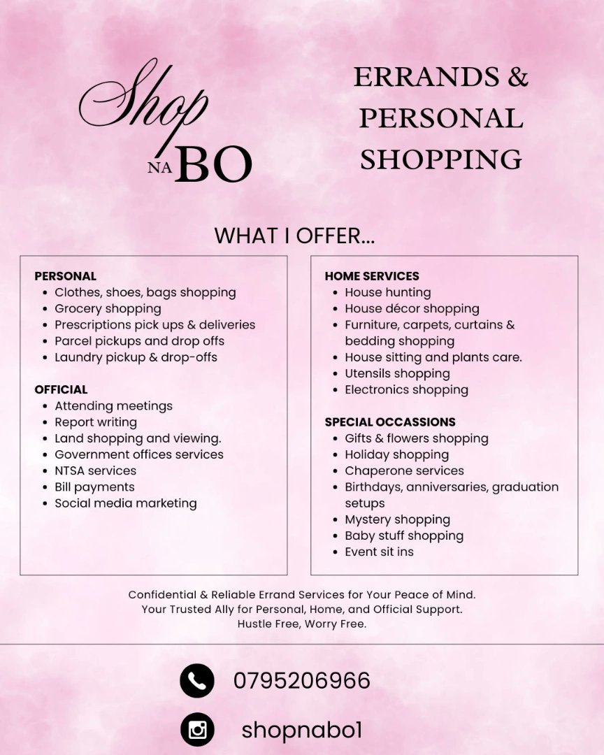 Kama kuna kitu unataka kufanyiwa hii Nairobi and anywhere really, I run errands and do personal shopping gigs.
📞0795206966