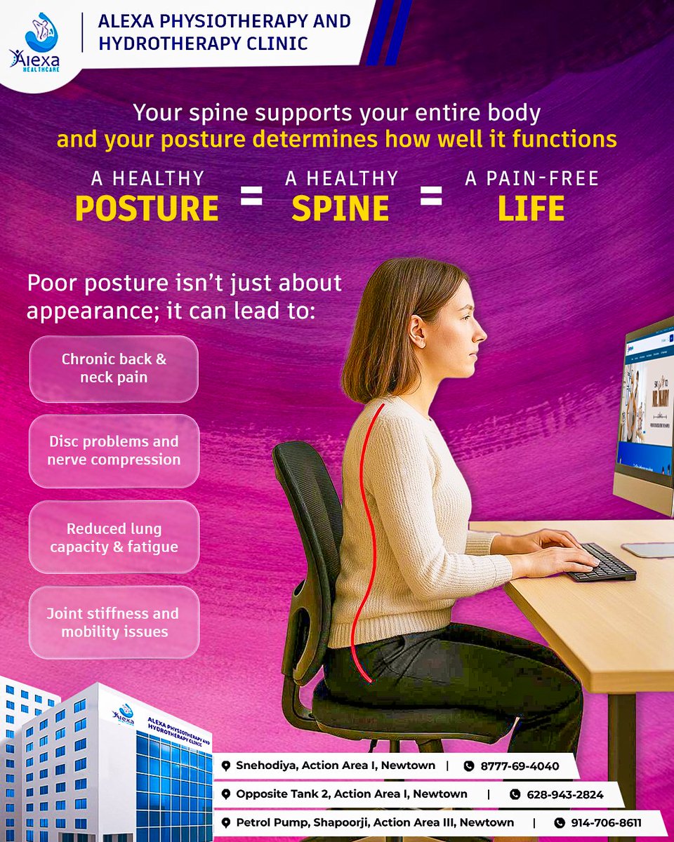 Your posture can either protect your spine or slowly damage it! 
Every slouch adds stress — every correct posture adds strength.

📍 Locations:
* Snehodiya, AA I, Newtown
* Opposite Tank 2, AA I, Newtown
* Petrol Pump, Shapoorji, AA III, Newtown