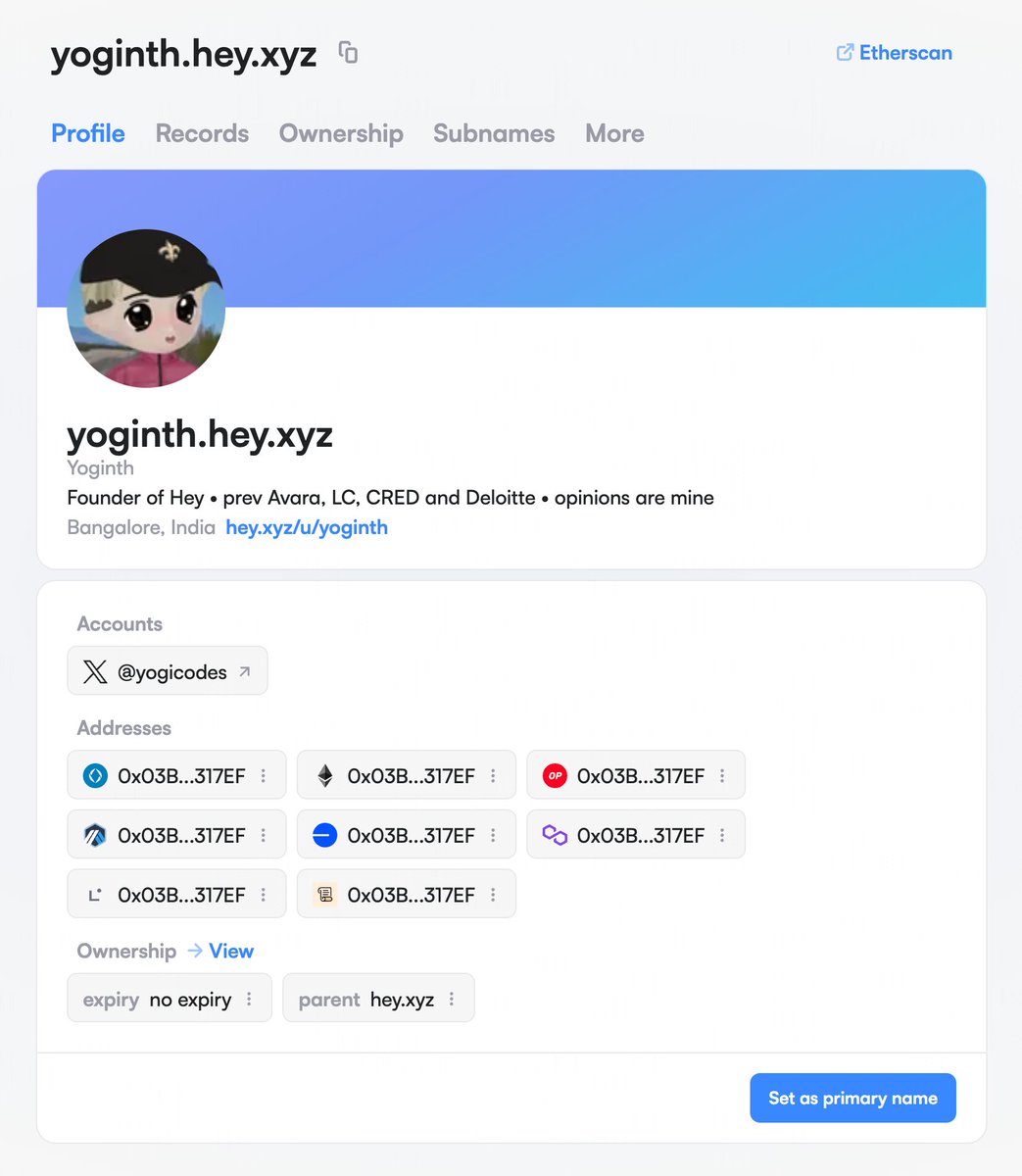yogicodes's tweet image. Hey Beta users now get a free @ensdomains name linked to your profile.
All powered by ENS Offchain Resolver (CCIP Read).