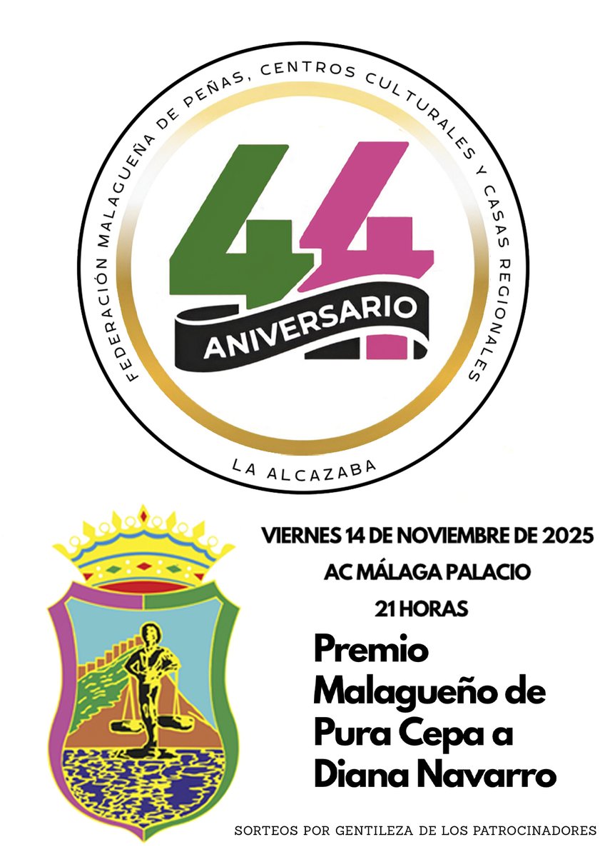 La Federación Malagueña de Peñas tiene el placer de anunciar la concesión del Premio Malagueño de Pura Cepa 2025 a la cantante Diana Navarro. Será entregado el viernes 14 de noviembre durante la celebración del XLIV Aniversario del colectivo en el Hotel AC Málaga Palacio.
