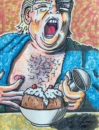 kushinon's tweet image. 子どもの頃から絵を描き続けていた俳優のジム・キャリーは、映画制作に携わっていない時は、ニューヨークのアトリエで過ごしている。2017年8月頃から、Twitter上でトランプなどの保守派政治家を皮肉した自作の風刺漫画を投稿し始め、2019年にはニューヨークのアウトサイダーアートフェアに初出展した。