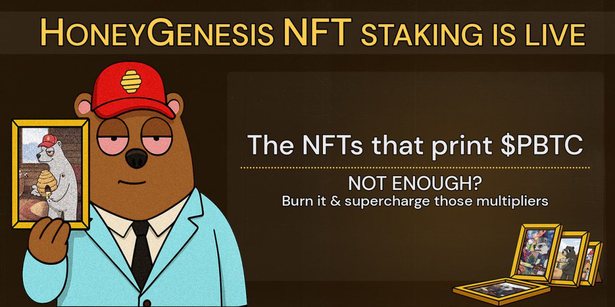 🍯 HoneyGenesis - The NFTs That Print $PBTC 🍯

Forget staking farms. Forget idle JPEGs.

HoneyGenesis NFTs are the first NFTs that earn $PBTC (Pot BTC) 

the meme-backed, yield-denominated token powered by on-chain mechanics.

Stake. Burn. Earn. Repeat.

🧵 ↓