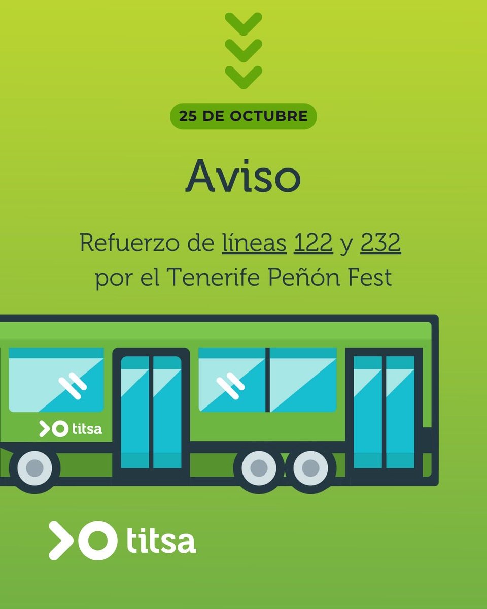 🚌🎵 #Titsa refuerza este sábado, 25 de octubre, las líneas 122 y 232 para acudir al Tenerife Peñón Fest, que se celebra en el parking del Palmétum de Santa Cruz de Tenerife. 

👉 Se reforzarán según la demanda entre las 22:15 y las 01:15 horas.

📲: blog.titsa.com/2025/10/titsa-…