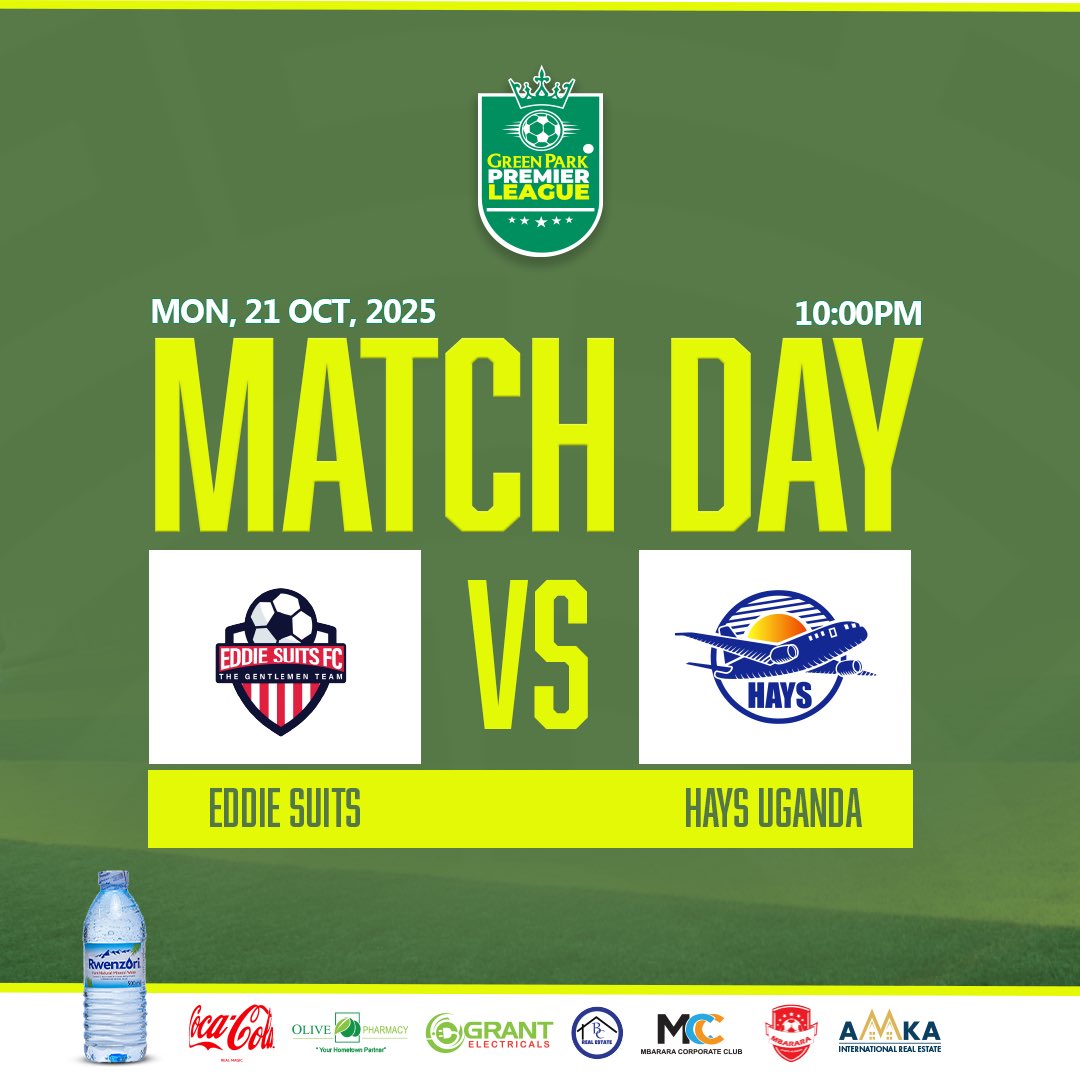 🟢𝗠𝗔𝗧𝗖𝗛𝗗𝗔𝗬!🟢

 Eddie Suits 🆚 <a href="/HaysUganda/">Hays Football Club</a> 

🏟️ Green Park Stadium
🏆 Premier league 
⏰ 10:00pm (EAT)

#GreenParkPremierLeague
Don’t Miss Action ⚽️💚💚