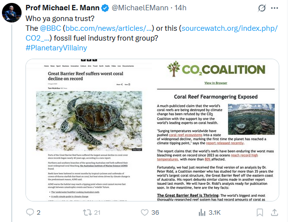 While Mann (who blocks me) mocks others about coral health, he refuses to reveal the excellent work of Peter Ridd of the CO2 Coalition ... platogbr.com