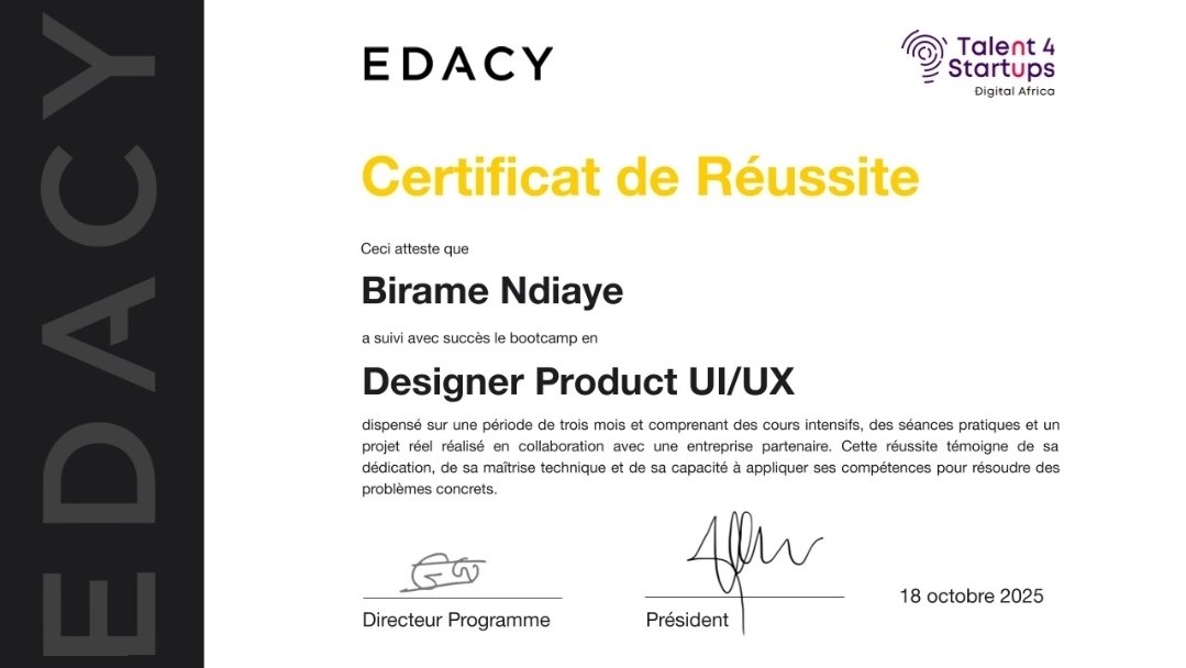 ndiaybirame7's tweet photo. Hello la famille,après trois mois de formation en Product Design UI/UX, j’ai le plaisir de partager mon certificat de réussite. Cette expérience m’a permis de renforcer mes compétences en design d’interfaces modernes, en expérience utilisateur et en collaboration avec des teams. https://t.co/IFplB494In