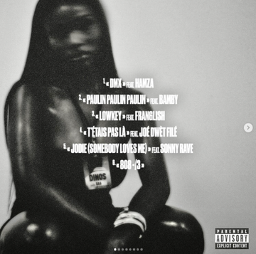 First image displays a dark silhouette of a female figure in a side profile pose wearing a shiny outfit with text overlays listing track titles and featured artists including Hamza Sonny Ravee MrFranglish Joe Dwet File and Bamby along with Dinos and Parental Advisory Explicit Content labels. Second image shows a close-up of a black lanyard badge labeled Dinos with a barcode against a glowing background of a partially visible female figure in dark attire.
