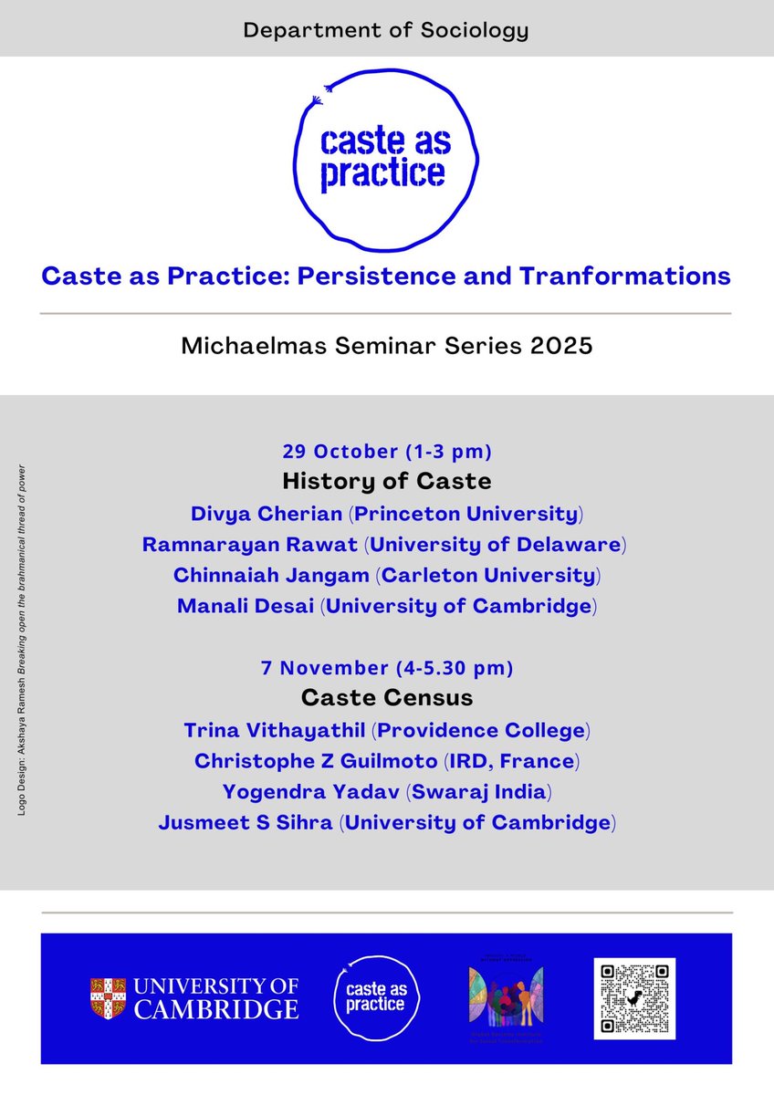 Our first panel of the academic year is on Caste is History with Divya Cherian, Chinnaiah Jangam, Ramnarayan Rawat &amp; <a href="/desai_manali/">Manali Desai</a>, Oct 29, 1-3 pm UK time. Register here: cam-ac-uk.zoom.us/webinar/regist… with <a href="/CamSociology/">Cambridge Sociology</a> <a href="/JusmeetS/">Jusmeet S. Sihra</a> <a href="/DamniKain/">Damni Kain</a> <a href="/vishalvasanth94/">Vishal</a>
