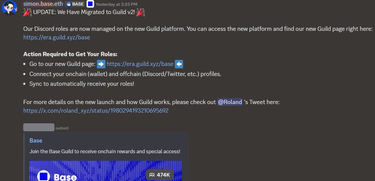 ‌
اطلاعیه‌ رسمی <a href="/base/">Base</a> 
‌
پروژه‌ی Base الان از ورژن دوم Guild برای roleهای دیسکوردی استفاده می‌کنه
‌
era.guild.xyz/base
‌
در واقع فقط رول پروژه‌ها از نسخه قدیمی به این نسخه جدید منتقل شده(با یکسری تغییرات ui و ...) رولی حذف نشده
‌