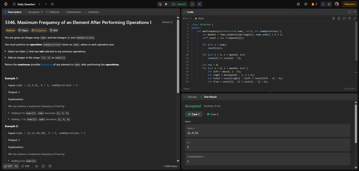 Anurags44798025's tweet image. Day 84: LeetCode 3347 - Max Freq of an Element After Operations II (Hard) ๐ฏToday's #CodingInterview #HardProblem #SweepLine #Algorithm #Day84 #TechInterview #Optimization #RangeQueries