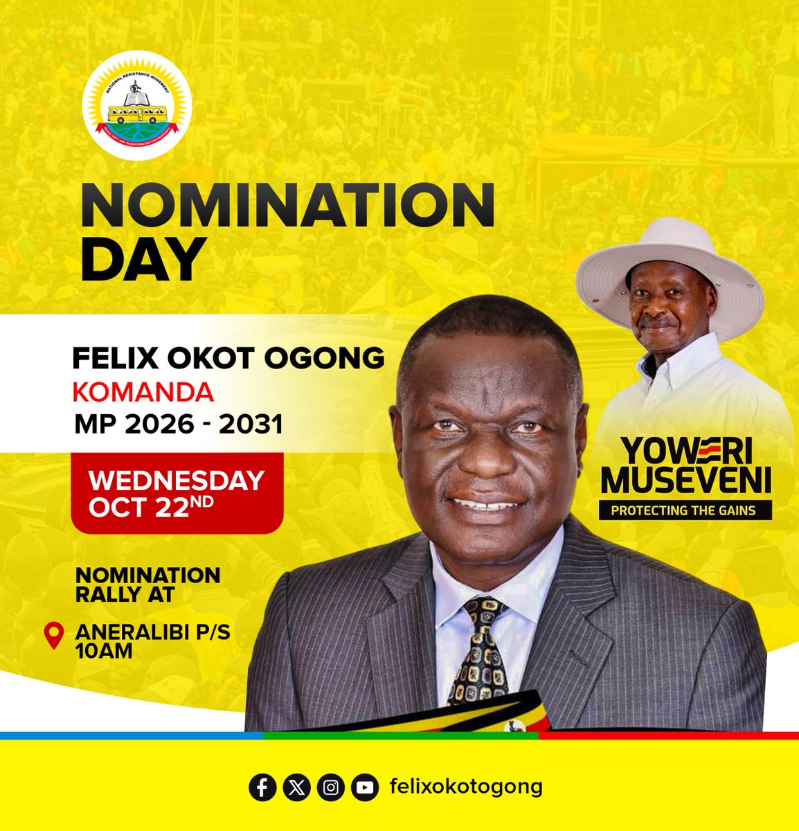 All Set for Nomination! 🚩

Dokolo South Member of Parliament Hon. Felix Okot Ogong (<a href="/OkotOgong/">Okot Ogong</a>) is set to be nominated tomorrow, Tuesday, October 21st, 2025, as he seeks to retain his seat, contesting as the NRM Flagbearer for Dokolo South.

The long-serving legislator, who