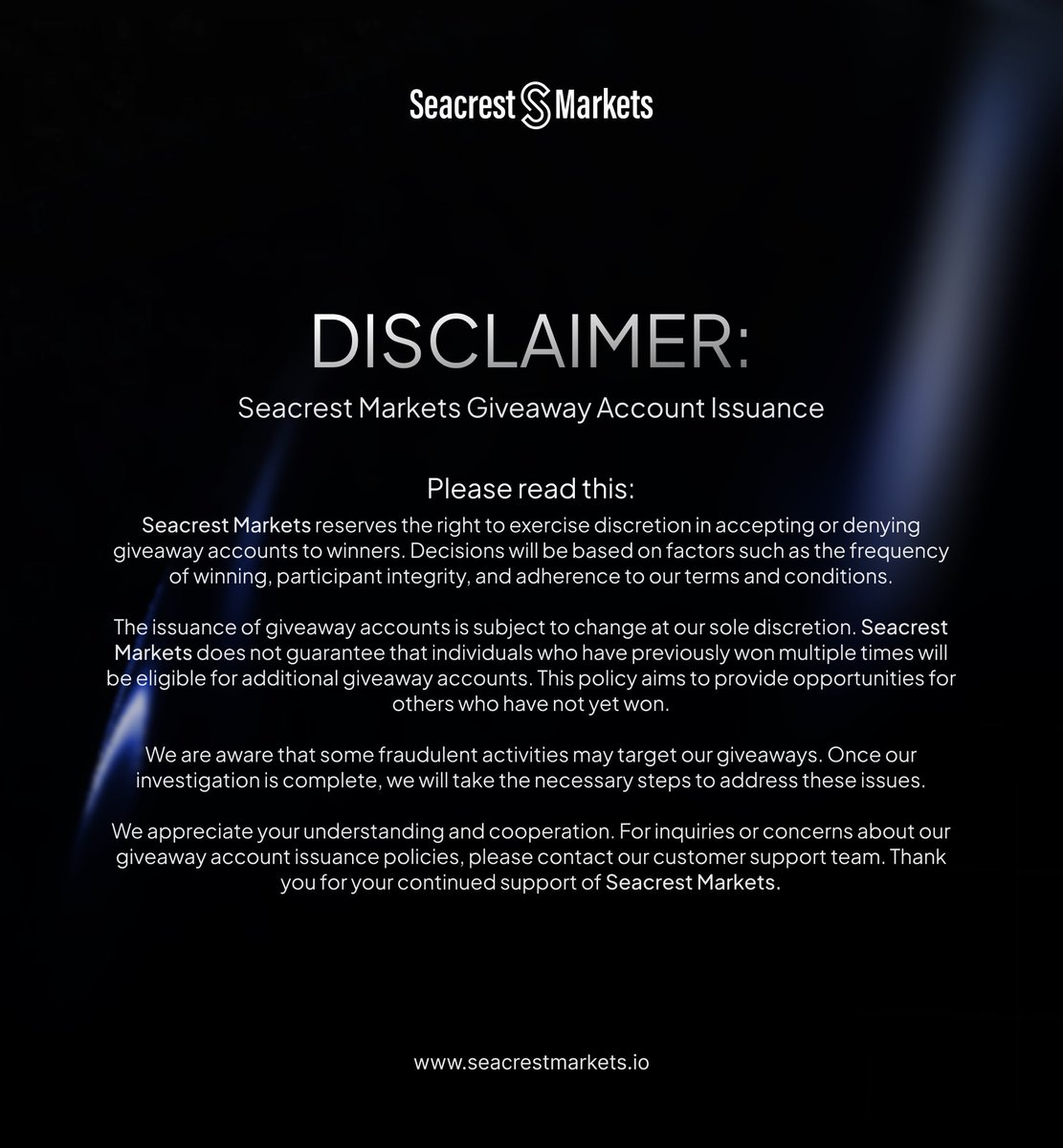 🎁Giveaway alert 🔔 

3 X $5K account giveaway.

1. Follow  <a href="/seacrestmarkets/">Seacrest Markets</a>  and <a href="/1ers_trader/">1%</a> 
2. Like &amp; repost this post 
3. Tag 3 friends 

Winners in 72h ⏳️

Visit us at:
fundedtech.seacrestmarkets.io/purchasechalle…

#seacrestmarkets
