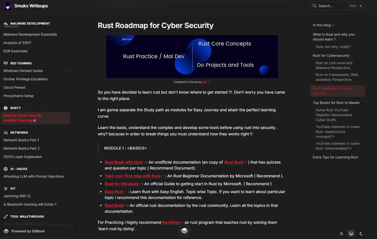 5mukx's tweet image. Rust for Cyber Security and Red Teaming 🦀
TLDR; This blog contains various &lt;level&gt; based resources and practices to learn rust and how you can implement it in cyber security, red teaming, tool development etc...
5mukx.site/rust-programmi…
#rust