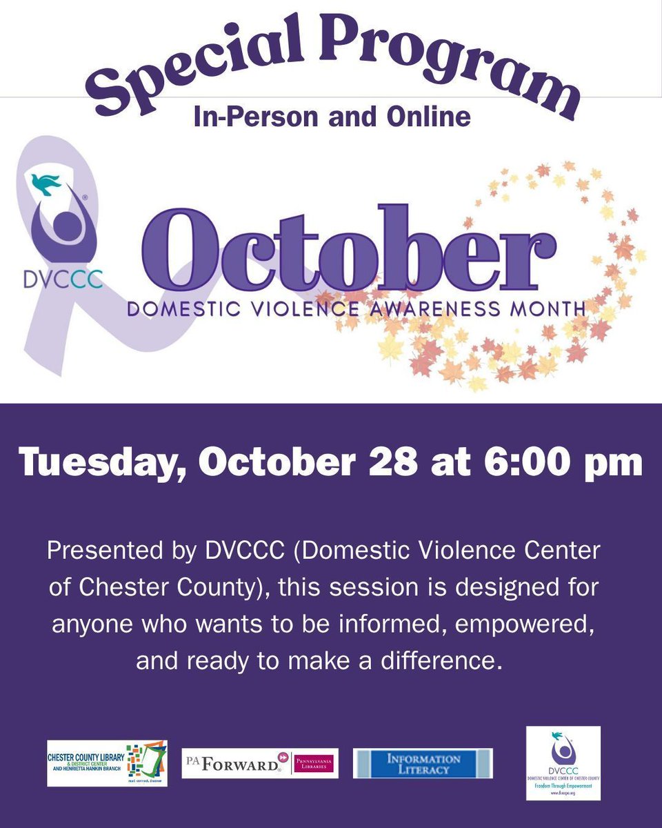 HankinLibrary's tweet image. Join us on TUESDAY, OCTOBER 28 at 6 pm for a special Hybrid Program on Domestic Violence &amp;amp; DVCCC Services: What Everyone Should Know. 

Learn more and register here: buff.ly/fLrGD4U 

#HankinLibrary #PAForward #InformationLiteracy