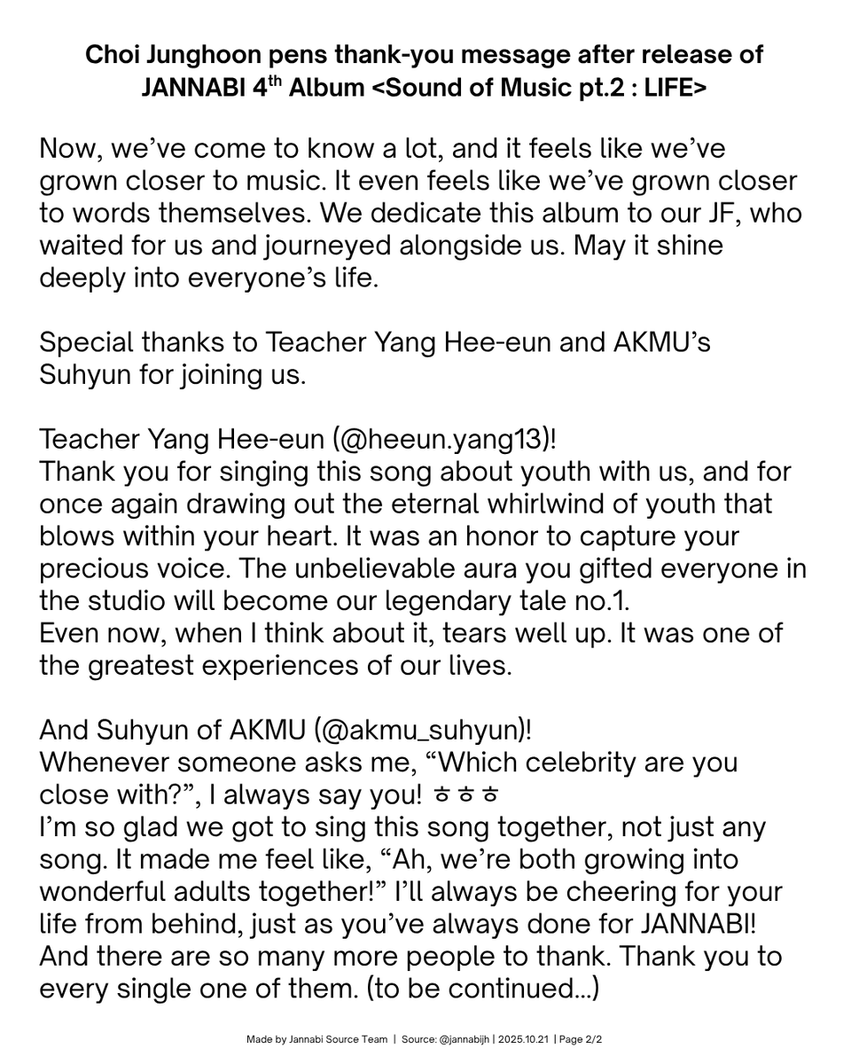 [📸📝] 251021 | #ChoiJungHoon pens thank-you message to fans and featuring artists Teacher Yang Hee-eun &amp; AKMU's Lee Suhyun after release of #JANNABI 4th Album <Sound of Music pt.2 : LIFE>

"This is an album dedicated to all of us who have wandered like lost children.."

#잔나비