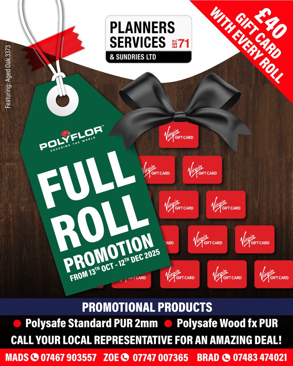 pss_flooring's tweet image. 🎄🎁 FULL ROLL PROMOTION – Ready for the festive season at @pss_flooring 
​👉£40 Virgin Gift Card for every full roll of @Polyflorltd  Ltd qualifying product:
◼️ #PolysafeStandard PUR 2mm​
◼️ #PolysafeWood fx PUR 
Call #TeamPlanners a for an amazing deal!​
☎️ 020 7609 8321