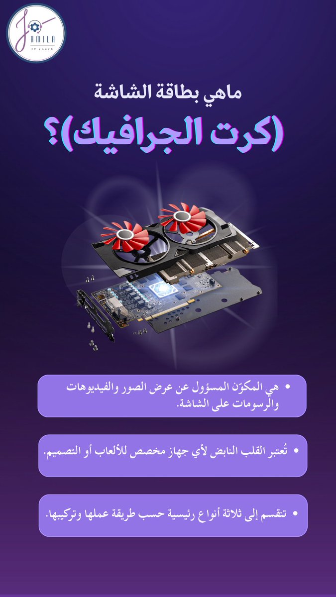 Jamila_ITCoach's tweet photo. 🎮💻
هل تعرف الفرق بين أنواع كروت الشاشة؟ 🤔
🔹 المدمجة: داخل المعالج، للاستخدام العادي.
🔸 المنفصلة: أداء قوي للألعاب والتصميم.
🧳 الخارجية: تُركب للحواسيب المحمولة لزيادة القوة.

اختر الكرت اللي يناسب استخدامك وميزانيتك 🎯
وش نوع كرتك الحالي؟ 👇

#التقنية #كمبيوتر #كرت_الشاشة #تعلم_التقنية #كرت_جرافيك #NVIDIA #AMD #Intel #ألعاب #تصميم #مونتاج #تقنية_المستقبل #تعليم_تقني #مكونات_الكمبيوتر #تعلم_ببساطة #كاروسيل_تقني