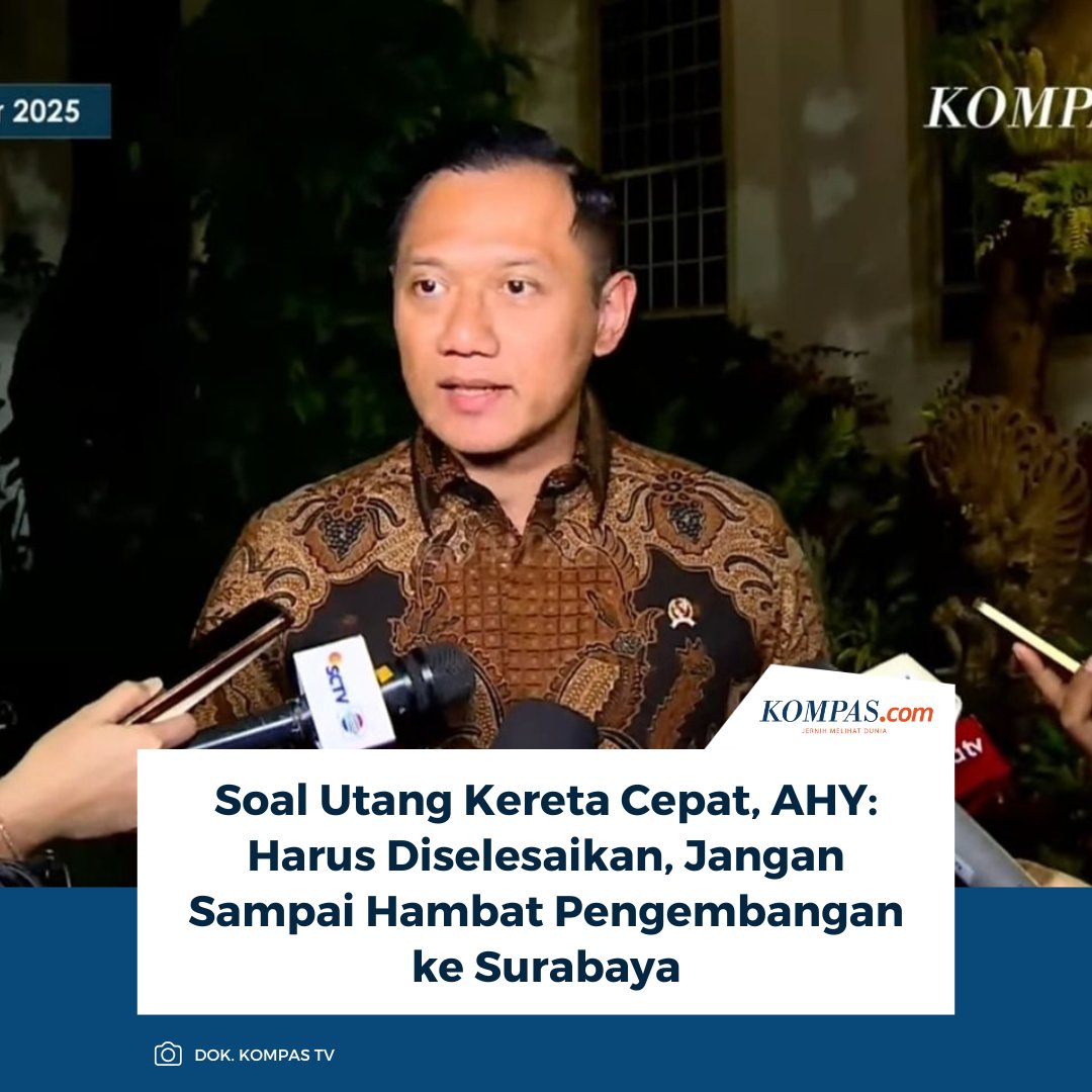 Menko Bidang Infrastruktur dan Pembangunan Kewilayahan, Ketum Partai Demokrat ( AHY) : 

Utang  KCIC kepada China harus segera diselesaikan,  jangan sampai menghambat rencana besar kita untuk mengembangkan konektivitas berikutnya ( kereta cepat sampai ke Surabaya )
